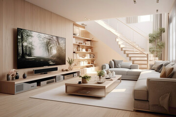 Nordic-inspired living area with beige staircase, wooden accents, and a serene TV setup.