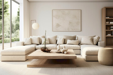 A serene beige living room with sleek, modern Scandinavian design elements, featuring clean lines...
