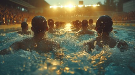  a group of people swimming in a pool with a crowd of people watching from the sidelines of the pool and a bright light in the middle of the water.