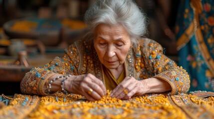  a woman sitting at a table working on a piece of cloth with her hands on the edge of the table and looking down at the edge of the piece of the cloth.