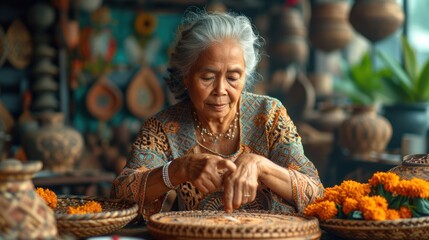  a woman sitting at a table in front of baskets of flowers and baskets of baskets with orange flowers on the table in front of her and a vase in the background.
