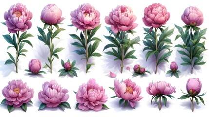  a bunch of pink flowers sitting on top of a white table next to a green leafy plant on top of a white table next to another bunch of pink flowers.