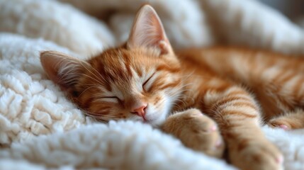  a close up of a cat laying on a blanket with it's head resting on a paw of another cat that is laying on the other side of the bed.