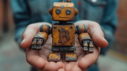  a person holding a small robot made out of rusty metal parts with a bitcoin symbol on it's chest, in front of a person's hands.