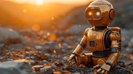  a toy robot sitting on the ground with the sun setting in the back ground behind it, in the foreground is a rocky area with small rocks and pebbles scattered on the ground.