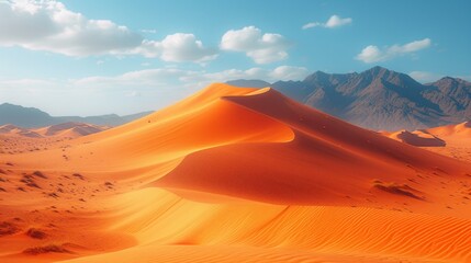  a group of mountains in the distance with sand dunes in the foreground and a blue sky with white clouds in the middle of the middle of the foreground.