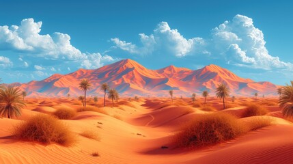  a painting of a desert with a mountain in the background and palm trees in the foreground, and a blue sky with puffy clouds in the foreground.