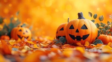  a group of pumpkins sitting on top of a pile of leaves next to each other on top of a field of orange and yellow leaves on a sunny day.
