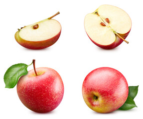Whole apple, half and a slice on white background. Red apple isolated. Apple collection with clipping path