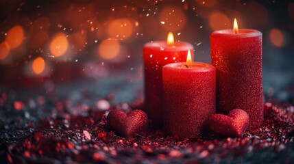  a group of three red candles sitting next to each other on top of a pile of glitter covered ground next to a couple of hearts on top of the candles.