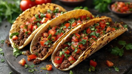  three tacos with meat, tomatoes, and cilantro on a plate with garnishes on the side and a bowl of tomatoes in the background.