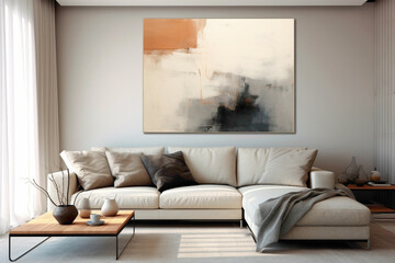Abstract painting in muted tones hanging above a beige sofa, adding a touch of artistic flair to a minimalist living room.