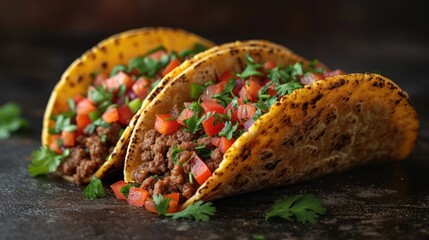 a close up of three tacos with meat and veggies on a black surface with parsley and cilantro on the top of the taco.