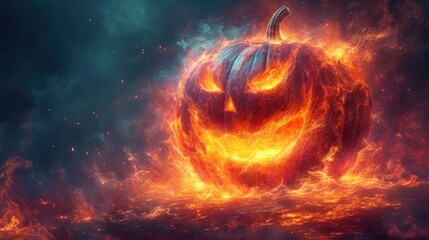  a burning pumpkin in the middle of a dark sky with bright orange and red flames surrounding it and a dark blue sky with white clouds and dark blue sky behind it.