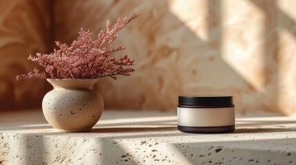  a white vase with a pink flower in it next to a small white container with a black lid on a table next to a wall with a pink plant in it.