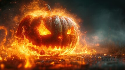  a burning jack - o'- lantern in the middle of a dark, spooky, spooky, spooky, spooky, and spooky background.
