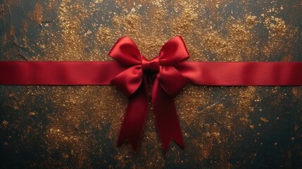  a close up of a red ribbon with a bow on top of a piece of wood with paint splattered on the wall behind it and a brown background with gold flecks.