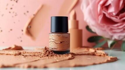  a bottle of liquid sitting on top of a table next to a pink flower and a pink wall with a pink rose in the background and a pink rose in the foreground.
