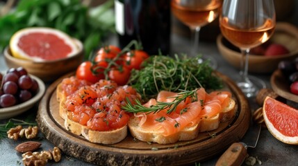  a close up of a plate of food with grapefruits and grapefruits next to a glass of wine and a plate of grapefruit.