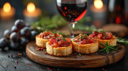  small appetizers sit on a wooden plate next to a glass of red wine and a bunch of grapes on a table with candles and candles in the background.