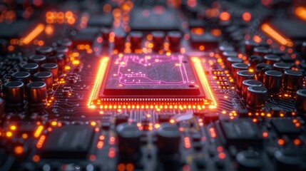  a close up of a computer motherboard with red and yellow light coming out of the top of the board and on the bottom of the board are many other electronic components.