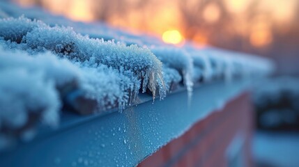  a close up of a snow covered roof with the sun setting in the distance in the distance behind the roof of a building with snow covered roof and bushes in the foreground. - obrazy, fototapety, plakaty