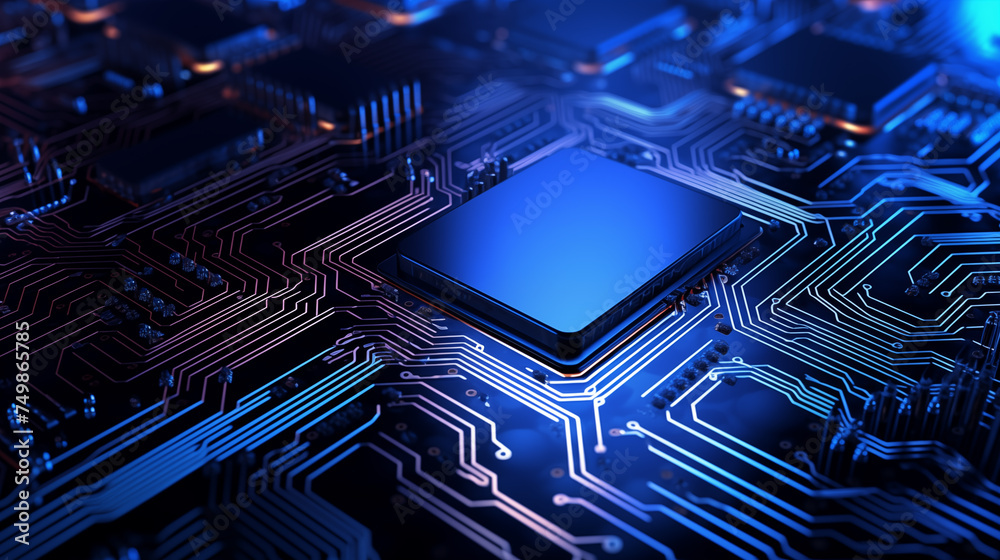 Poster ai processor chip circuit board blue tech background template for web banner poster with copyspace f