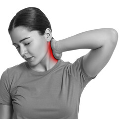 Woman suffering from rheumatism on white background. Black and white effect with red accent in...
