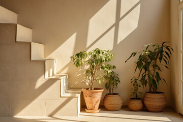 A serene beige staircase adorned with potted plants, casting delicate shadows against the neutral backdrop.