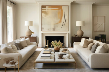 A drawing room with a neutral color palette of beige and soft gray. Mid-century modern furniture and abstract artwork lend a contemporary flair to the elegant space.