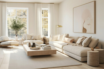 A sunlit Scandinavian-inspired living room with plush beige sofas, adorned with chic throw pillows and minimalist decor.