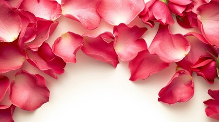 Delicate red rose petals scattered across a pure white background.
