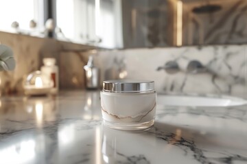 Luxurious cream jar on marble countertop with bathroom in the backdrop