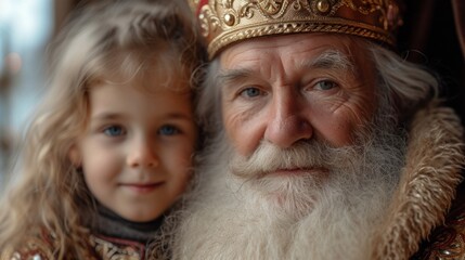  a little girl standing next to an old man with a long white beard and wearing a crown and a gold crown on top of his head and a white beard.
