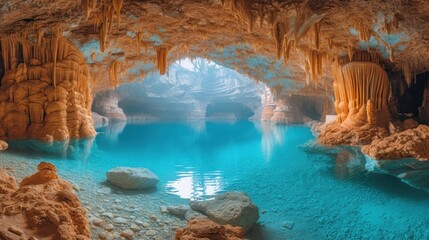  a cave filled with blue water surrounded by rocks and a cave like structure that looks like it has a cave like structure in the middle of it's walls. - obrazy, fototapety, plakaty