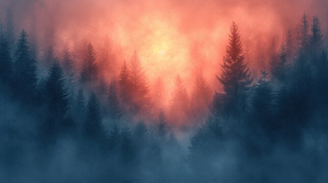  a forest filled with lots of trees on top of a foggy forest filled with lots of red and orange clouds on top of the tops of the tops of the trees.