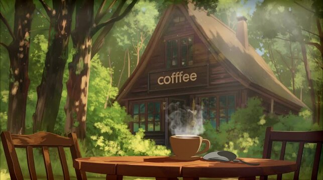 "On the Table: A steaming cup of coffee rests, framed by the backdrop of a forest hut, offering a rustic and inviting atmosphere, seamless looping time-lapse animation video background by AI."
