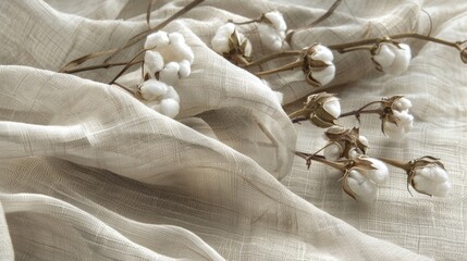 Delicate cotton branches lying on a natural linen fabric, creating a soft, organic aesthetic.