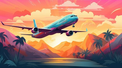 colorful Concept of airplane travel to exotic destination with space for text banner 