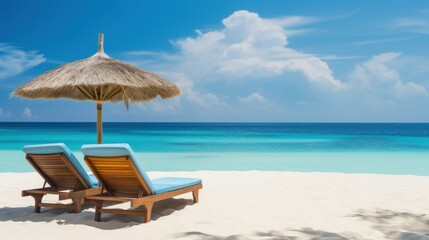 two sunbeds against the backdrop of a Maldives beach and a sunny day. banner place for text 