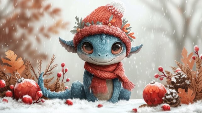  a painting of a little blue monster wearing a red knitted hat and scarf sitting in the snow surrounded by red berries and acorns on a snowy day.