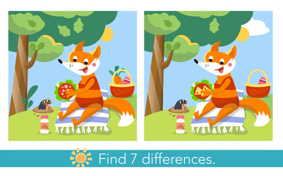Find 7 differences. Educational puzzle game for children. Cartoon fox in swimming costume on beach in summer. Vector flat illustration.