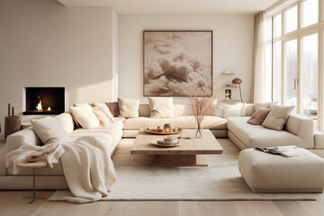 Fototapeta na wymiar A lounge area featuring a neutral color palette of beige and cream, accentuated by plush rugs and throw pillows. Scandinavian-inspired furniture adds a touch of elegance to the space.
