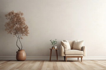 Nordic warmth a?" a beige chair in a serene living room, offering a blank canvas for text.