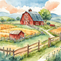 Farm and barn in watercolor style.