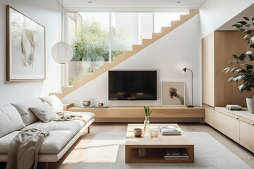 Fototapeta na wymiar Scandinavian-inspired TV room featuring sleek wooden stairs, a cozy window seat, and a wall-mounted entertainment unit.