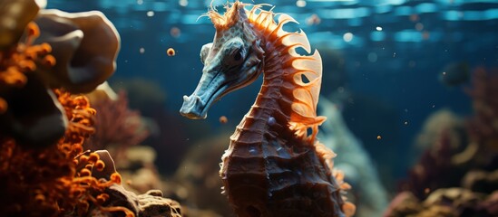 Portrait of a Seahorse on the deep sea floor with coral reefs in the background - obrazy, fototapety, plakaty