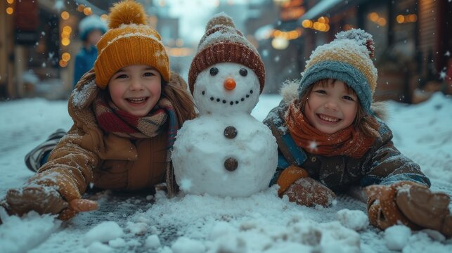  two young children playing in the snow with a snowman in the foreground and a snowman on the right side of the photo, with a city street in the background.