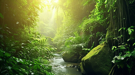 Fototapeta premium Pretty Rainforest Jungle Banner Background Wallpaper Landscape. Generative Ai
