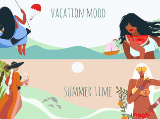 Horizontal banner on summer vacation theme, summer vibes, girls, women surfer, palm tree, dolphins, sea, ocean, hand drawn vector illustration.